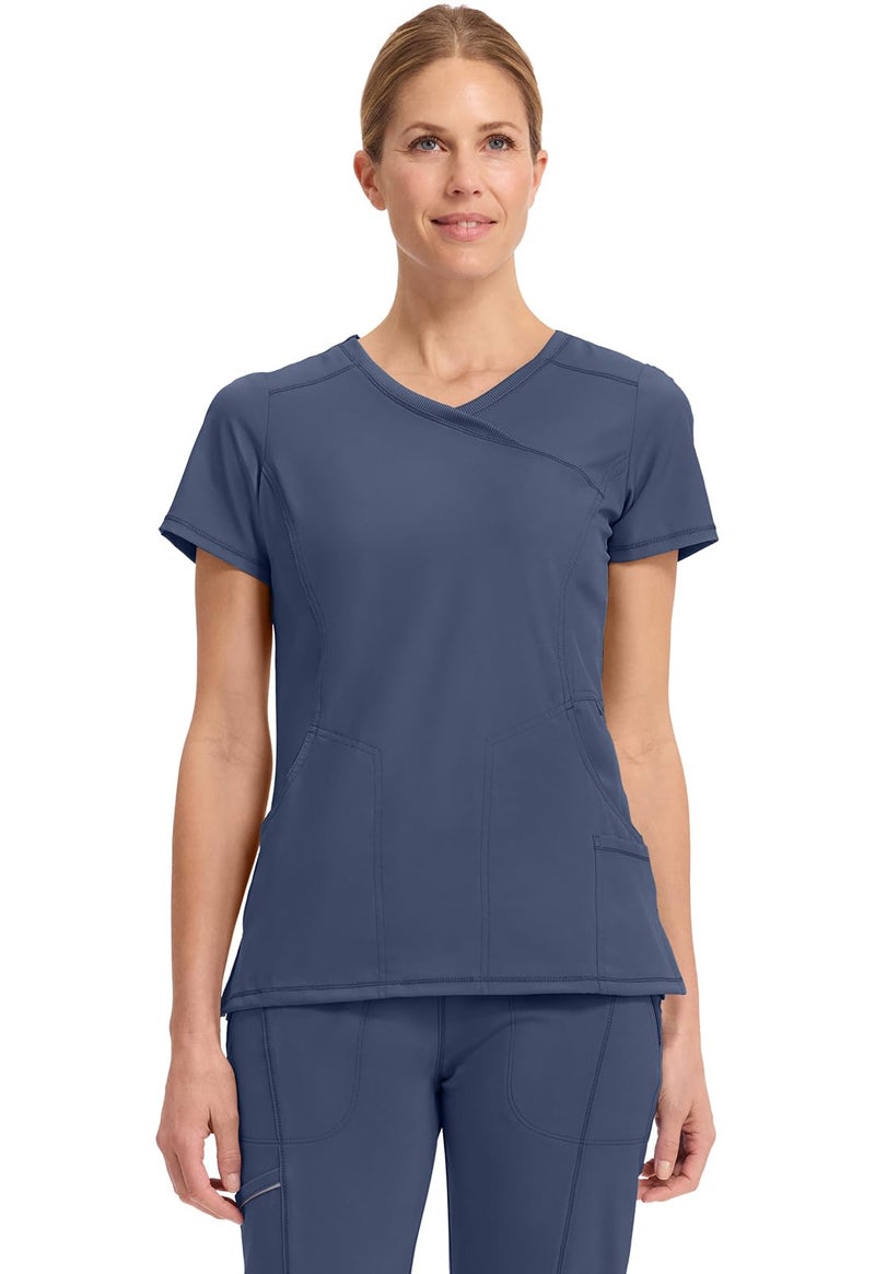 Cherokee Infinity Womens Mock Wrap Scrub Top, 4 Pockets, Rib-Knit Panel, Moisture-Wicking 360Â° Stretch - 2625A, L, Navy - Image 1